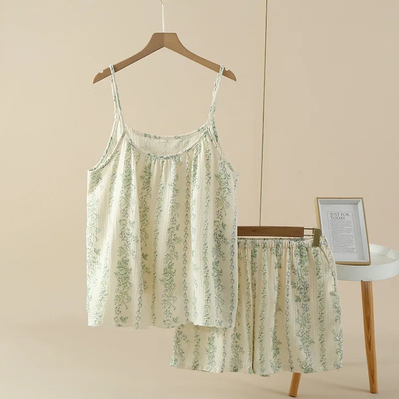 100% Cotton Women's pajama Set Woman 2 Pieces Spaghetti Strap Sleepwear Women Floral print Pajama Loungewea Spaghetti Strap