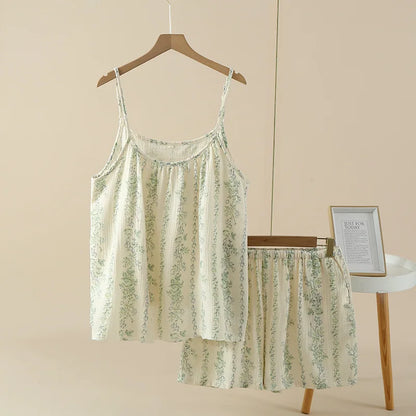 100% Cotton Women's pajama Set Woman 2 Pieces Spaghetti Strap Sleepwear Women Floral print Pajama Loungewea Spaghetti Strap