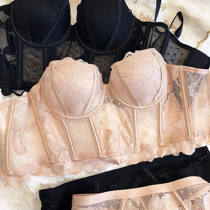 2 Pieces Sexy Lace Flowers Embroidery Underwear Set Women Body Shaper Tops Push Up Bra Set Black Mesh Dot Breathable Lingerie