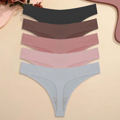 5PCS Ice Silk Seamless Thongs Women's Sexy Invisible Underwear Ultra-thin Low Waist G-String Breathable Stretchy Bikini Lingerie