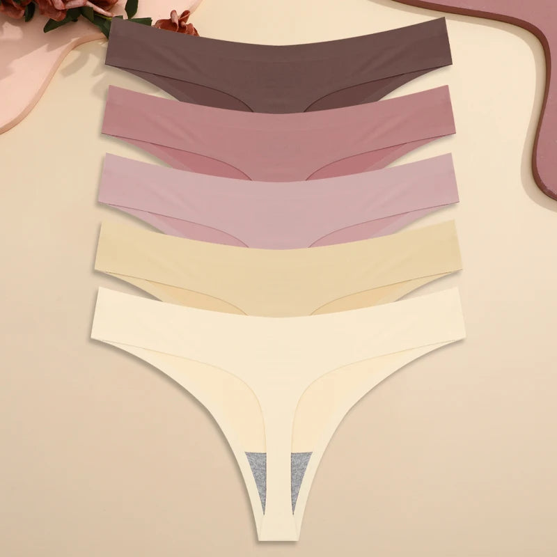 5PCS Ice Silk Seamless Thongs Women's Sexy Invisible Underwear Ultra-thin Low Waist G-String Breathable Stretchy Bikini Lingerie