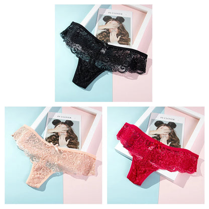 Women's Lace Thong Panties Brazilian Cut Low Waist Sexy See Through Lingerie Hollow Out Comfortable Elastic Underwear