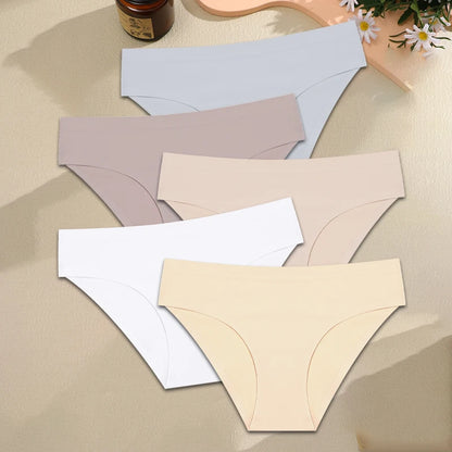 FINETOO 5PCS Seamless Panties for Women Sexy Ice Silk Underwear Soild Briefs Low Waist Comfortable Invisible Lingerie Intimates