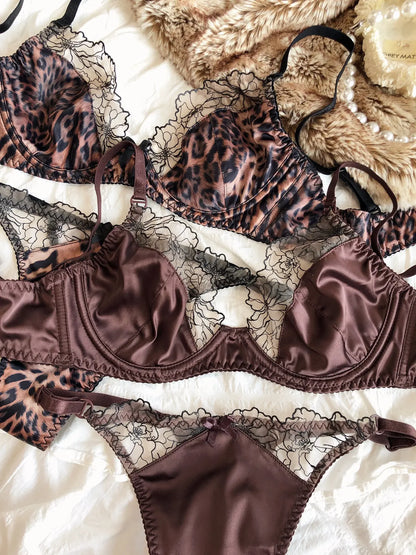 2 Pcs High Quality Women Lingerie Set Sexy Ultra Thin Satin Lace Splicing Bras French Leopard Print Underwear Bra and Thong Sets