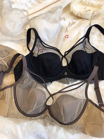 Sexy Hollow Bra Briefs Set Women Lace High Quality Underwear French Thin Cup Adjustment Type Push Up Bras Mesh Lingerie Sets