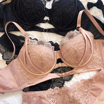 2 Pieces Sexy Lace Underwear Set for Women French Thin Cup Comfort Bra Set Flowers Embroidery Lingerie Hollow Push Up Brassiere