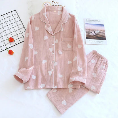 100% Cotton Gauze Women Pajamas Polka Dot Print Sleepwear 2025 Spring Female 2 Piece Set Nightwear Lady Pyjamas Loungewear