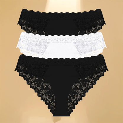 FINETOO 3Pcs Lace Hollow Out Underwear for Women Sexy Low-Waist Floral Briefs Female Invisible Breathable Lingerie Soft Intimate