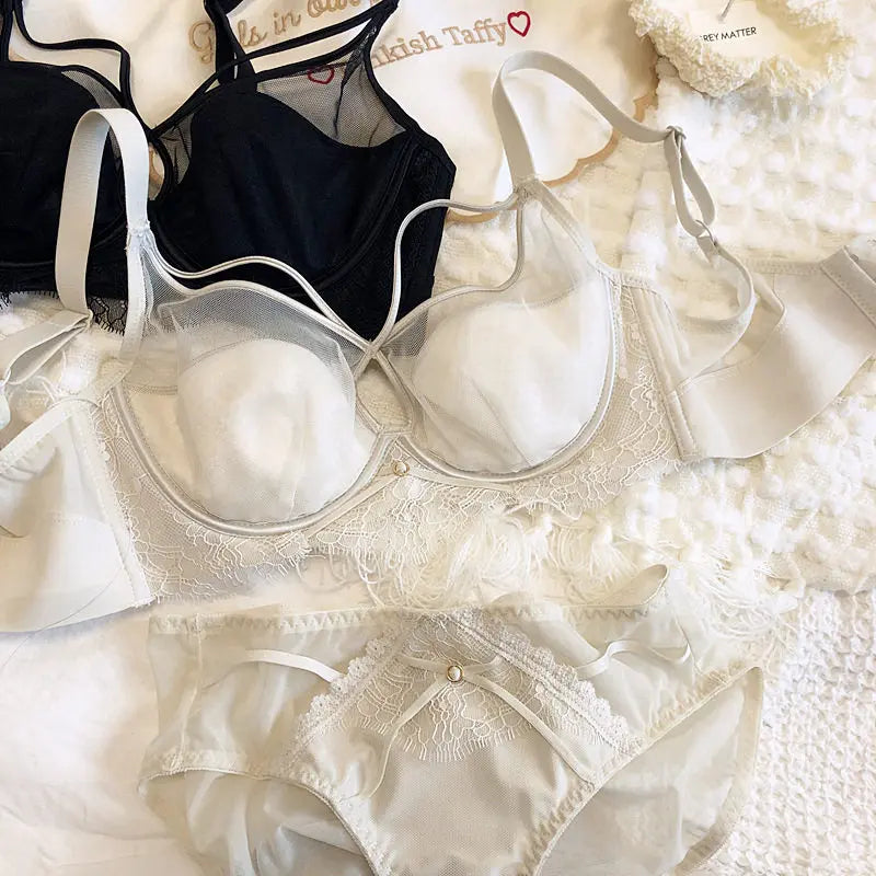 Sexy Hollow Bra Briefs Set Women Lace High Quality Underwear French Thin Cup Adjustment Type Push Up Bras Mesh Lingerie Sets