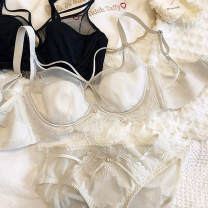 Sexy Hollow Bra Briefs Set Women Lace High Quality Underwear French Thin Cup Adjustment Type Push Up Bras Mesh Lingerie Sets