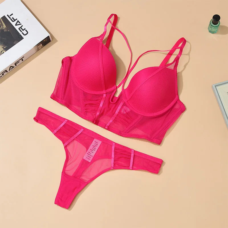 Hollow Out Lingerie Deep-V Neck Fishbone Underwear Push Up Women Sexy Lengthen Bra And Panty Sets Fashion Young Girls Intimates