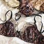 2 Pcs High Quality Women Lingerie Set Sexy Ultra Thin Satin Lace Splicing Bras French Leopard Print Underwear Bra and Thong Sets