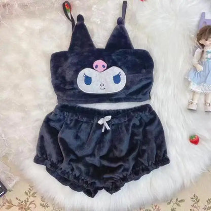 New cartoon Kuromi My Melody Cinnamoroll Sexy Pajamas Hot Girls Flannel Cartoon Fluffy Suspender Pajamas Shorts Set Girls Gift