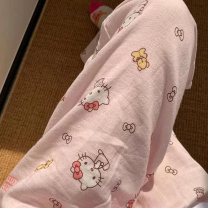 Sanrio HelloKitty Summer Sleeping Pants for Women, Cute Kitten, Loose Thin, High Waist Casual Pants, Essential for Home Use
