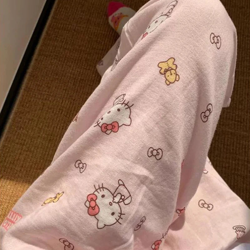 Sanrio HelloKitty Summer Sleeping Pants for Women, Cute Kitten, Loose Thin, High Waist Casual Pants, Essential for Home Use