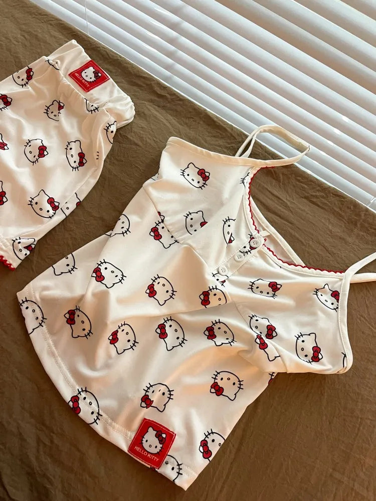 Y2K Hello Kitty Pajamas Set Anime Sanrio Summer Woman Vest Shorts Pajama Sweet Student Casual Wear Girl Cartoon Homewear