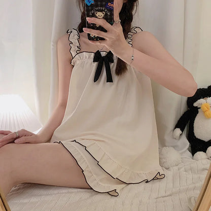 Women Summer Suspenders Two Pieces Pajamas Short With Bow Sleeveless Thin Sweet Cute Cotton Homewear Loose Soft Square Collar