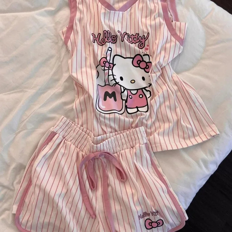 Hello Kitty Pajamas Anime Cartoon Printing Sanrio Short-sleeved Shorts Home Kawaii Summer Wear Leisure Sports Suit Holiday Gifts