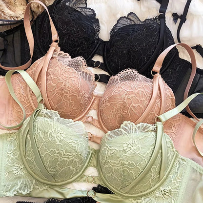 2 Pieces Sexy Lace Underwear Set for Women French Thin Cup Comfort Bra Set Flowers Embroidery Lingerie Hollow Push Up Brassiere