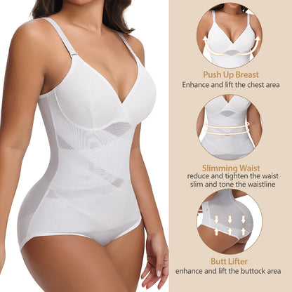 Cross Waist Tummy Control Body Shaping Bodysuit for Women Full Body Control V-Neck Mesh Breathable Briefs Underwear Butt Lifter