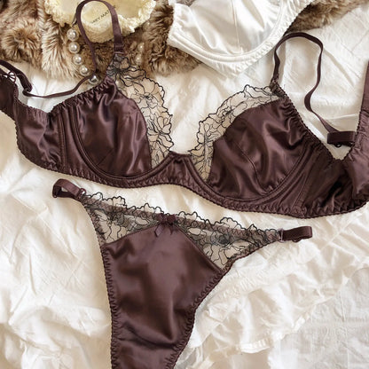 2 Pcs High Quality Women Lingerie Set Sexy Ultra Thin Satin Lace Splicing Bras French Leopard Print Underwear Bra and Thong Sets