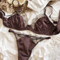 2 Pcs High Quality Women Lingerie Set Sexy Ultra Thin Satin Lace Splicing Bras French Leopard Print Underwear Bra and Thong Sets
