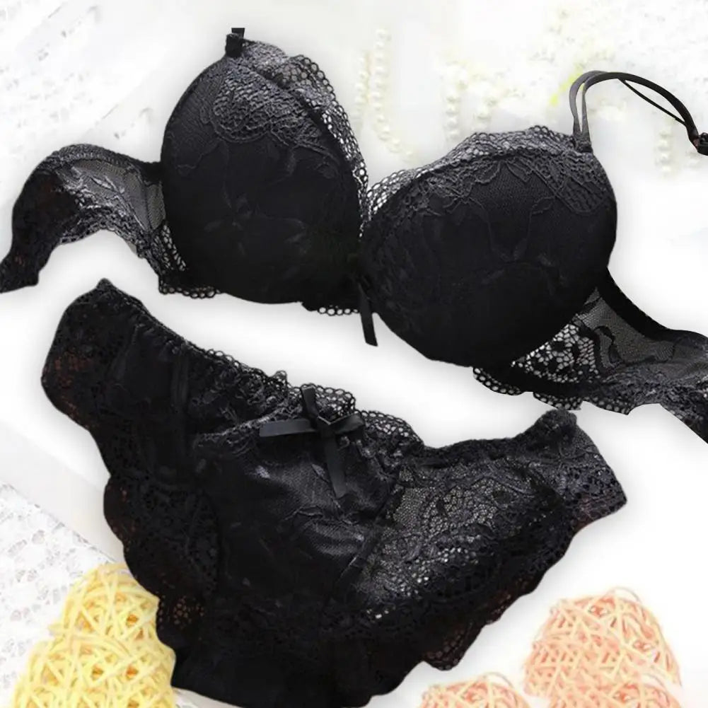 2 Pcs/Set Women Underwear Set Bra Panties Set Lace Push Up Elastic Deep V Neck Solid Color Soft Padded With Wire Bow-knot Back C