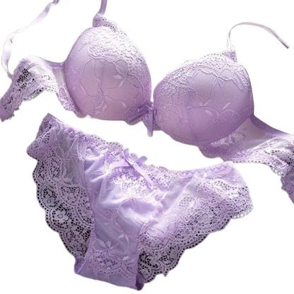 2 Pcs/Set Women Underwear Set Bra Panties Set Lace Push Up Elastic Deep V Neck Solid Color Soft Padded With Wire Bow-knot Back C