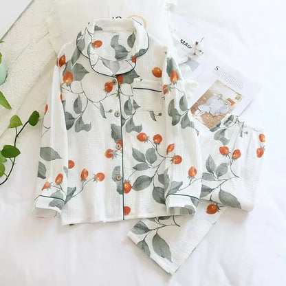 100% Cotton Gauze Women Pajamas Polka Dot Print Sleepwear 2025 Spring Female 2 Piece Set Nightwear Lady Pyjamas Loungewear