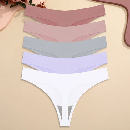 5PCS Ice Silk Seamless Thongs Women's Sexy Invisible Underwear Ultra-thin Low Waist G-String Breathable Stretchy Bikini Lingerie