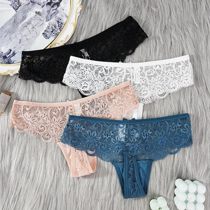 Women's Lace Thong Panties Brazilian Cut Low Waist Sexy See Through Lingerie Hollow Out Comfortable Elastic Underwear