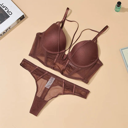 Hollow Out Lingerie Deep-V Neck Fishbone Underwear Push Up Women Sexy Lengthen Bra And Panty Sets Fashion Young Girls Intimates