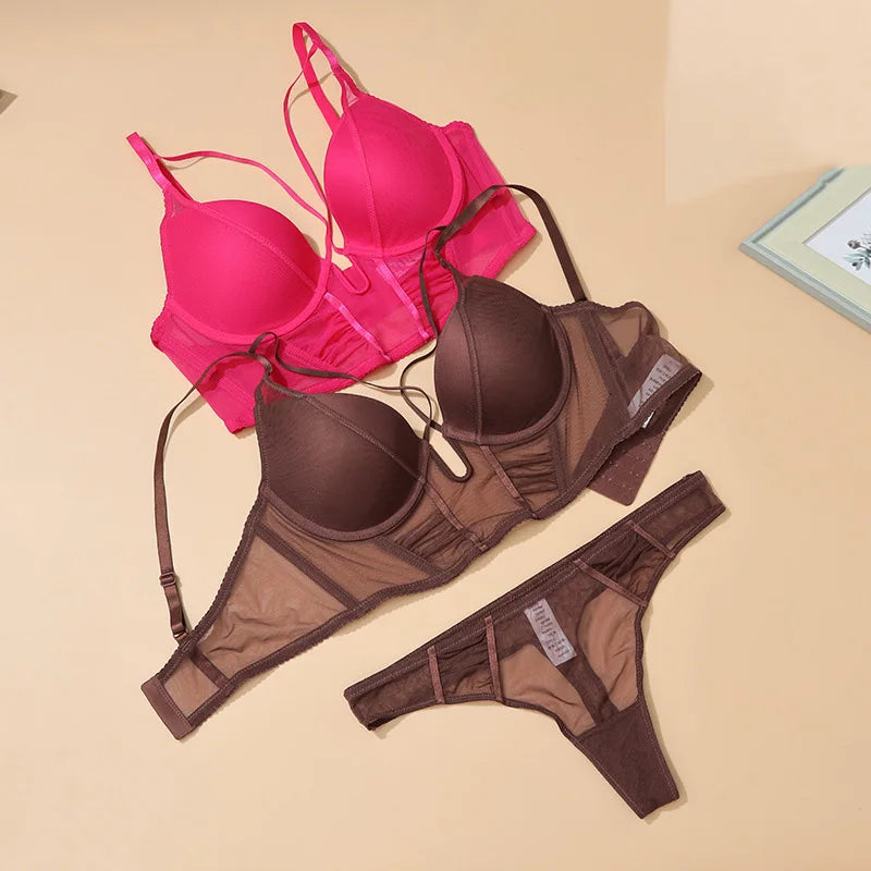 Hollow Out Lingerie Deep-V Neck Fishbone Underwear Push Up Women Sexy Lengthen Bra And Panty Sets Fashion Young Girls Intimates
