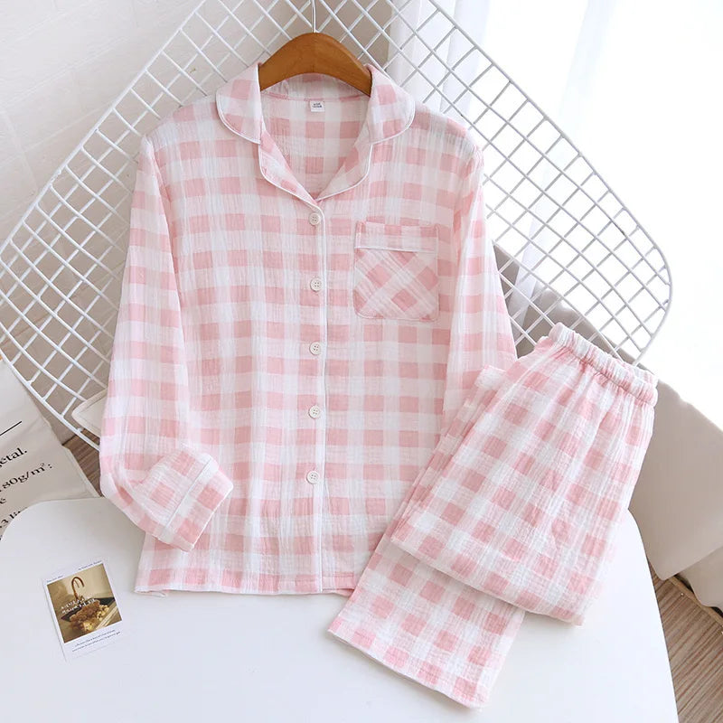 100% Cotton Gauze Women Pajamas Polka Dot Print Sleepwear 2025 Spring Female 2 Piece Set Nightwear Lady Pyjamas Loungewear