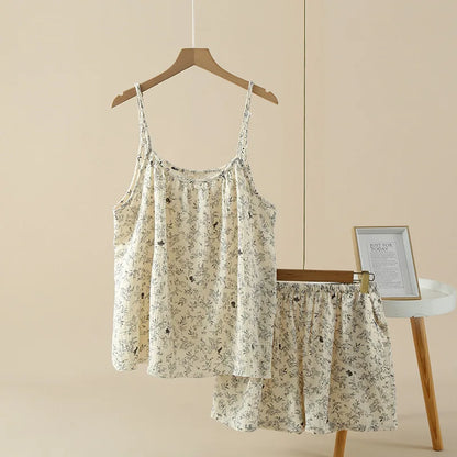 100% Cotton Women's pajama Set Woman 2 Pieces Spaghetti Strap Sleepwear Women Floral print Pajama Loungewea Spaghetti Strap