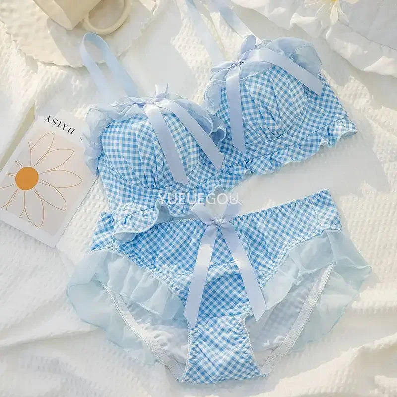 Women's Cute Bow & Polka Dot Bra Set - No Wire Push Up for Petite Chest, Comfort Lace Underwear Set (2-Piece)