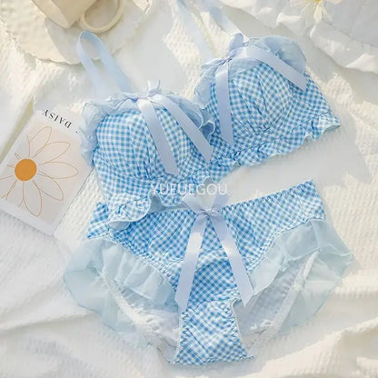 Women's Cute Bow & Polka Dot Bra Set - No Wire Push Up for Petite Chest, Comfort Lace Underwear Set (2-Piece)