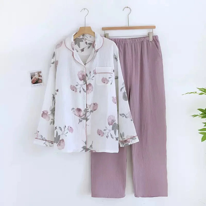 100% Cotton Gauze Women Pajamas Polka Dot Print Sleepwear 2025 Spring Female 2 Piece Set Nightwear Lady Pyjamas Loungewear