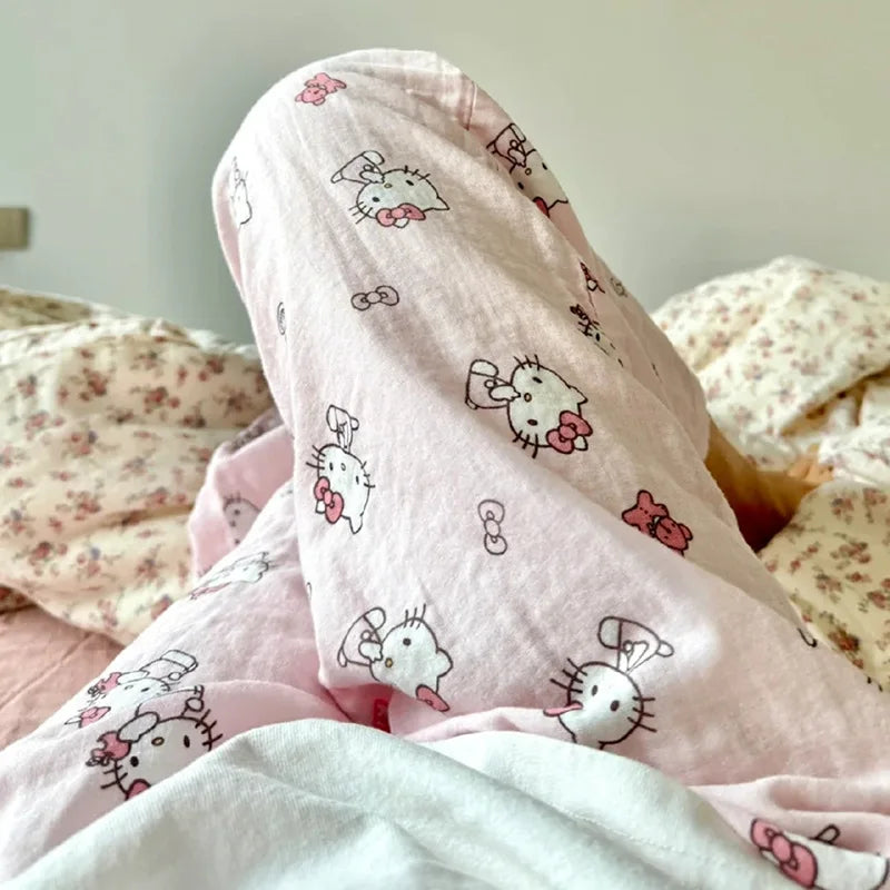 Sanrio HelloKitty Summer Sleeping Pants for Women, Cute Kitten, Loose Thin, High Waist Casual Pants, Essential for Home Use