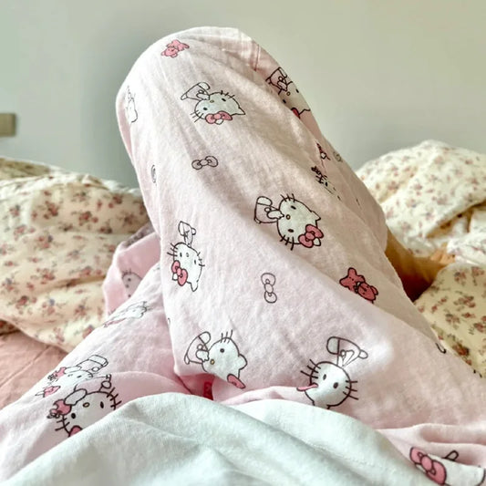Sanrio HelloKitty Summer Sleeping Pants for Women, Cute Kitten, Loose Thin, High Waist Casual Pants, Essential for Home Use