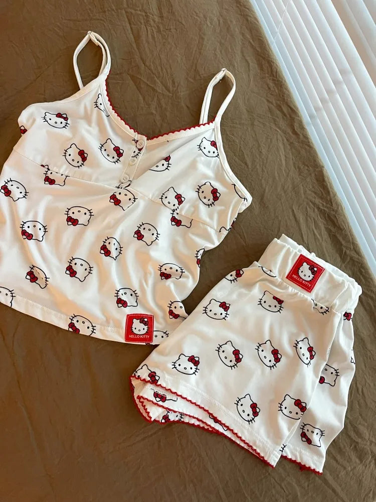 Y2K Hello Kitty Pajamas Set Anime Sanrio Summer Woman Vest Shorts Pajama Sweet Student Casual Wear Girl Cartoon Homewear