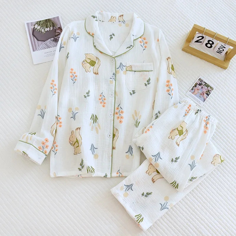 100% Cotton Gauze Women Pajamas Polka Dot Print Sleepwear 2025 Spring Female 2 Piece Set Nightwear Lady Pyjamas Loungewear