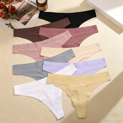 5PCS Ice Silk Seamless Thongs Women's Sexy Invisible Underwear Ultra-thin Low Waist G-String Breathable Stretchy Bikini Lingerie