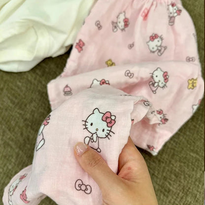 Sanrio HelloKitty Summer Sleeping Pants for Women, Cute Kitten, Loose Thin, High Waist Casual Pants, Essential for Home Use