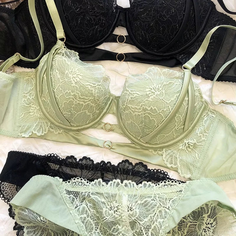 2 Pieces Sexy Lace Underwear Set for Women French Thin Cup Comfort Bra Set Flowers Embroidery Lingerie Hollow Push Up Brassiere