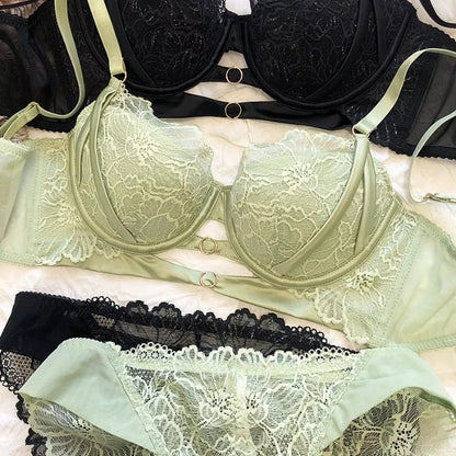 2 Pieces Sexy Lace Underwear Set for Women French Thin Cup Comfort Bra Set Flowers Embroidery Lingerie Hollow Push Up Brassiere