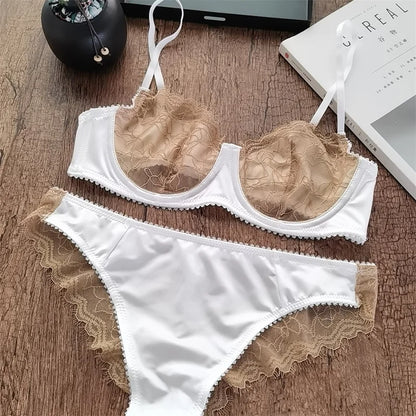 Sexy Women Underwear Set French Ultra Thin Bra Set Patchwork Silk Lingerie Comfortable Breathable Underwie Bras and Panties Set