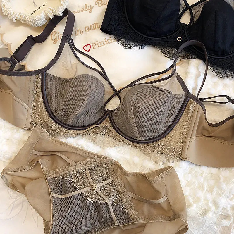Sexy Hollow Bra Briefs Set Women Lace High Quality Underwear French Thin Cup Adjustment Type Push Up Bras Mesh Lingerie Sets