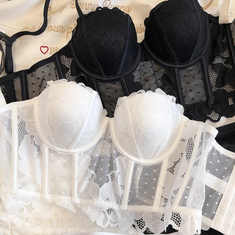 2 Pieces Sexy Lace Flowers Embroidery Underwear Set Women Body Shaper Tops Push Up Bra Set Black Mesh Dot Breathable Lingerie