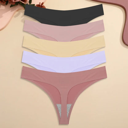 5PCS Ice Silk Seamless Thongs Women's Sexy Invisible Underwear Ultra-thin Low Waist G-String Breathable Stretchy Bikini Lingerie